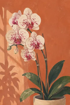 Elegant White Orchid on Terracotta Wall