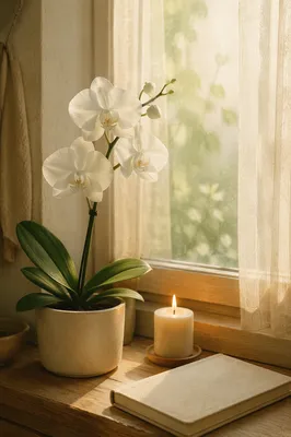 White Orchid by Candlelit Prayer Window
