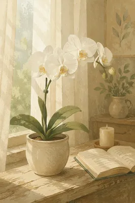 White Orchid on Wooden Windowsill