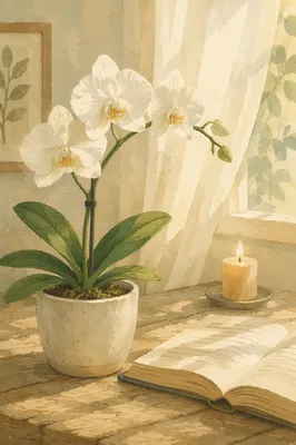 White Orchid on Wooden Table