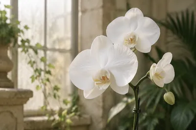 Elegant White Orchid in Sunlit Conservatory