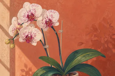 Elegant White Orchid on Terracotta Wall