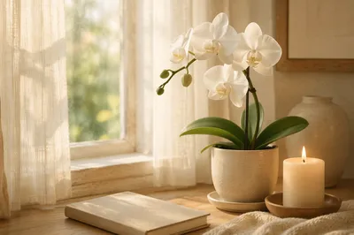 Elegant White Orchid by Candlelight