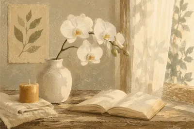 White Orchid on Sunlit Windowsill Still Life