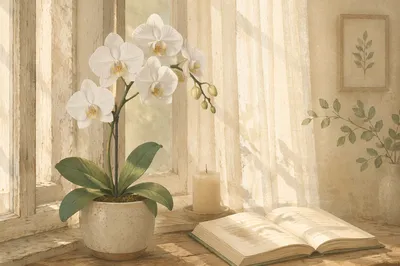 White Orchid on Wooden Windowsill
