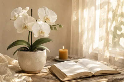 White Orchid on Sunlit Wooden Table