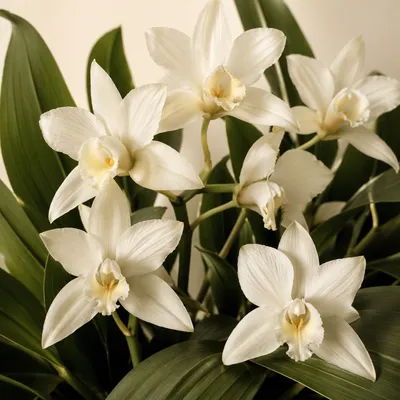 Elegant White Orchids with Emerald Leaves