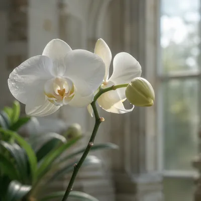 Elegant White Orchid in Sunlit Conservatory