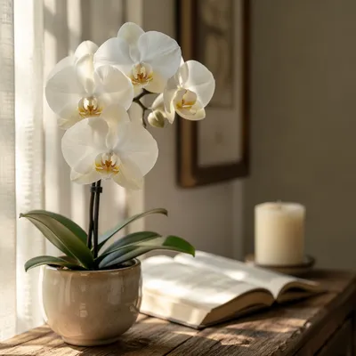 White Orchid on Wooden Windowsill