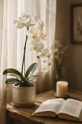 White Orchid on Wooden Windowsill
