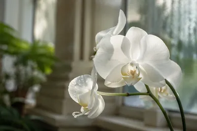 Elegant White Orchid in Sunlit Conservatory