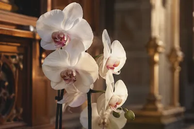 Elegant White Orchids in Warm Chapel Light
