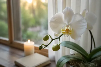 Elegant White Orchid in Morning Prayer Corner