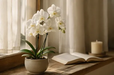 White Orchid on Wooden Windowsill