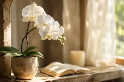 Elegant White Orchid in Sunlit Sanctuary