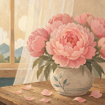 Soft Pink Peonies by Morning Window