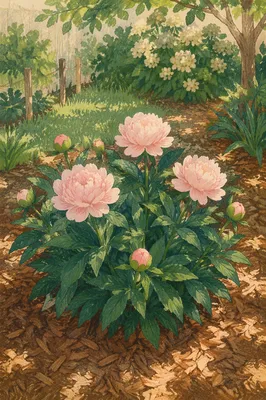 Soft Pink Peonies in Sunlit Garden