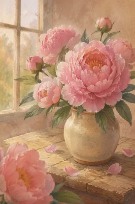 Soft Pink Peonies by Morning Window