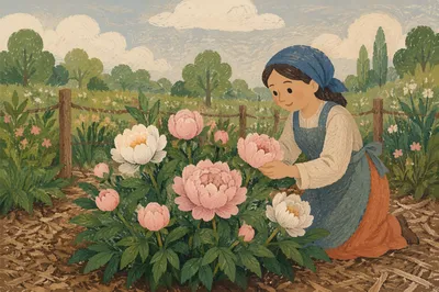 Soft Pink Peonies in Peaceful Garden