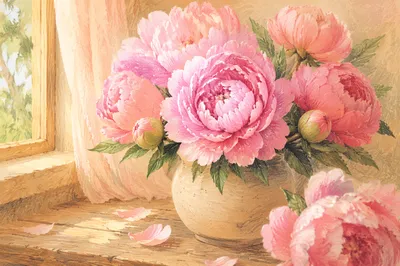 Lush Pink Peonies by Morning Window