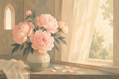 Soft Pink Peonies in Morning Chapel Light