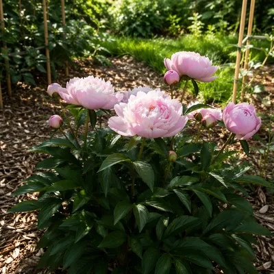 Soft Pink Peonies in Sunlit Garden