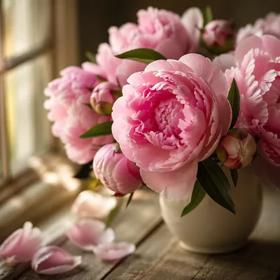 Lush Pink Peonies in Morning Window Light