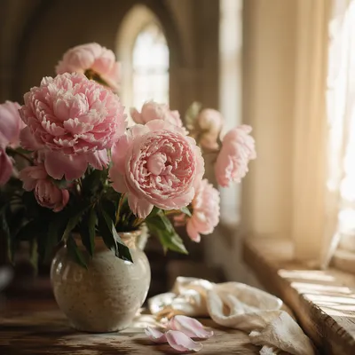 Soft Pink Peonies in Morning Chapel Light