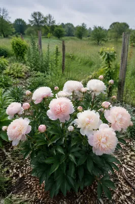 Soft Pink Peonies in Rural Garden