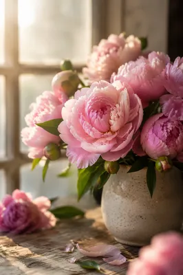 Soft Pink Peonies by Morning Window