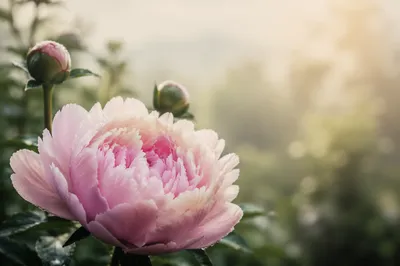Blush Pink Peony in Morning Mist