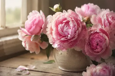 Soft Pink Peonies by Morning Window