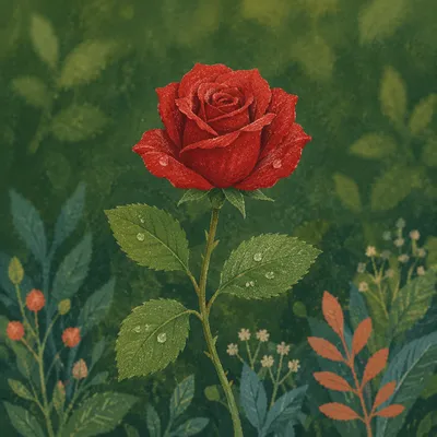 Single Red Rose in Serene Garden