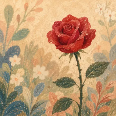 Single Red Rose in Morning Dew