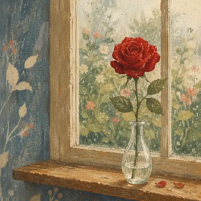Single Red Rose in Rainlit Window