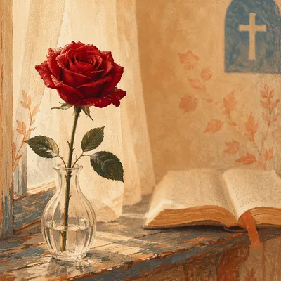 Single Red Rose in Morning Devotion