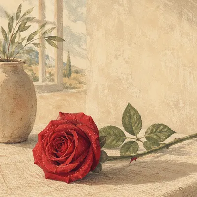 Crimson Rose Stem on Linen Table