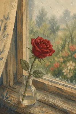Single Red Rose on Rainy Windowsill