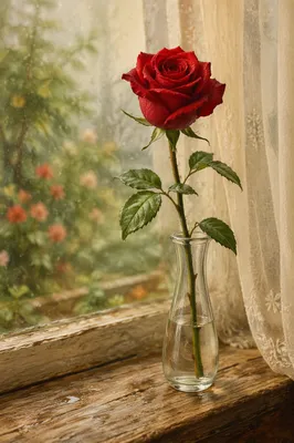 Single Red Rose in Morning Window Light