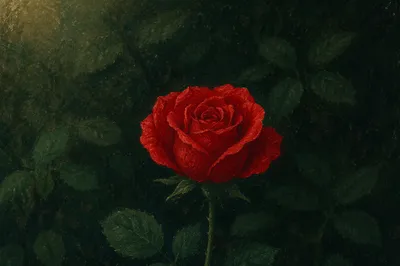 Single Red Rose in Moody Garden Light