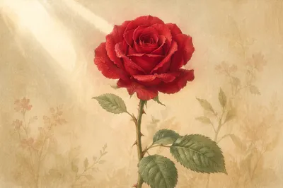 Single Crimson Rose with Dewy Petals