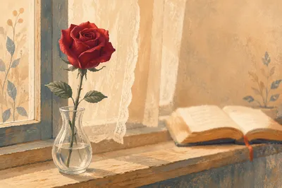 Single Red Rose on Windowsill