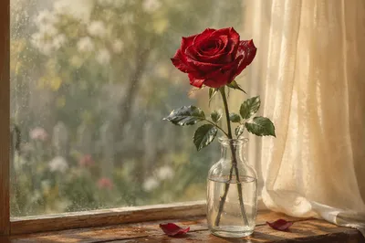 Single Red Rose in Morning Window Light