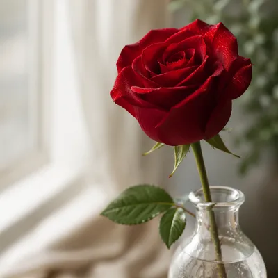 Single Red Rose by Soft Window
