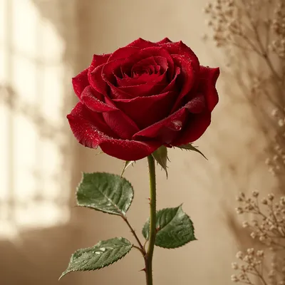 Single Red Rose with Dew
