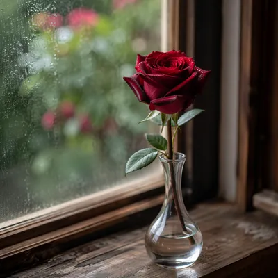 Single Red Rose in Morning Window Light