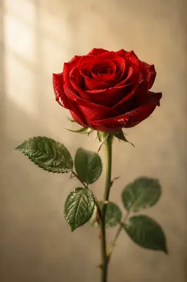 Single Deep Red Rose in Window Light