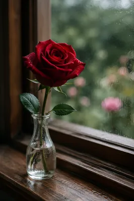 Single Red Rose in Morning Window Light