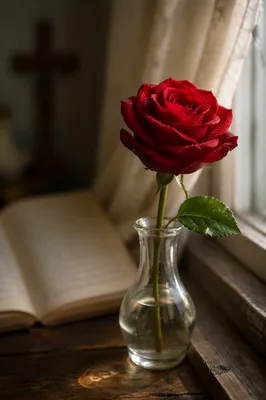 Single Red Rose in Morning Devotion