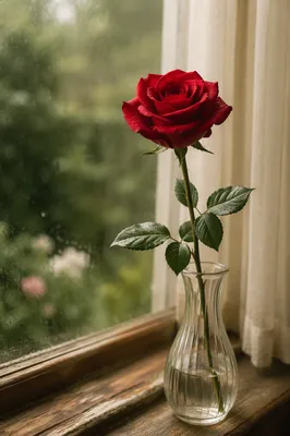 Single Red Rose in Morning Window Light